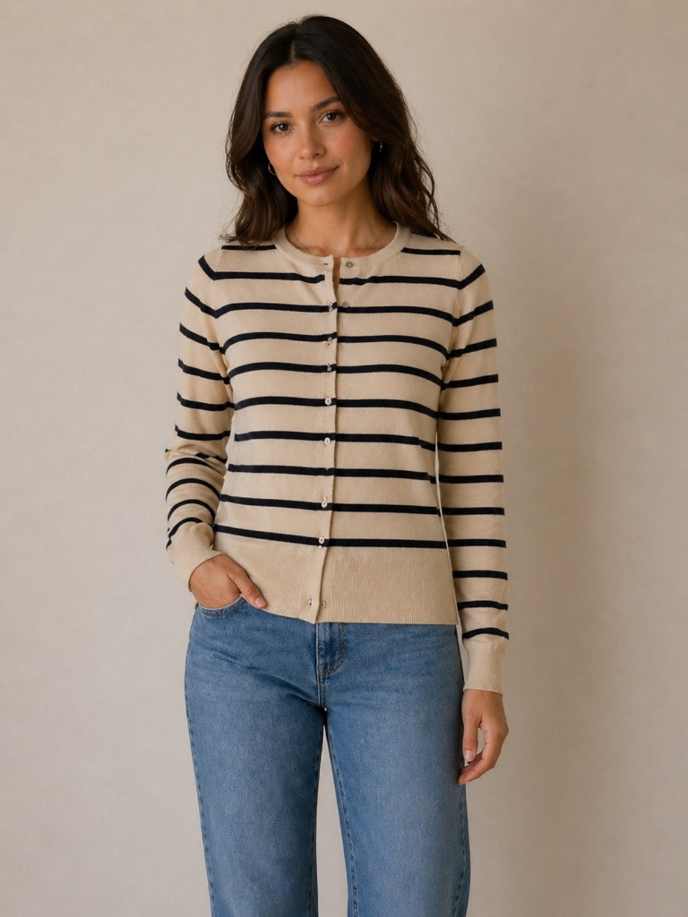 A‎ New Day Navy/Black Classic Nautical Stripe Cardigan Sweater  size XL